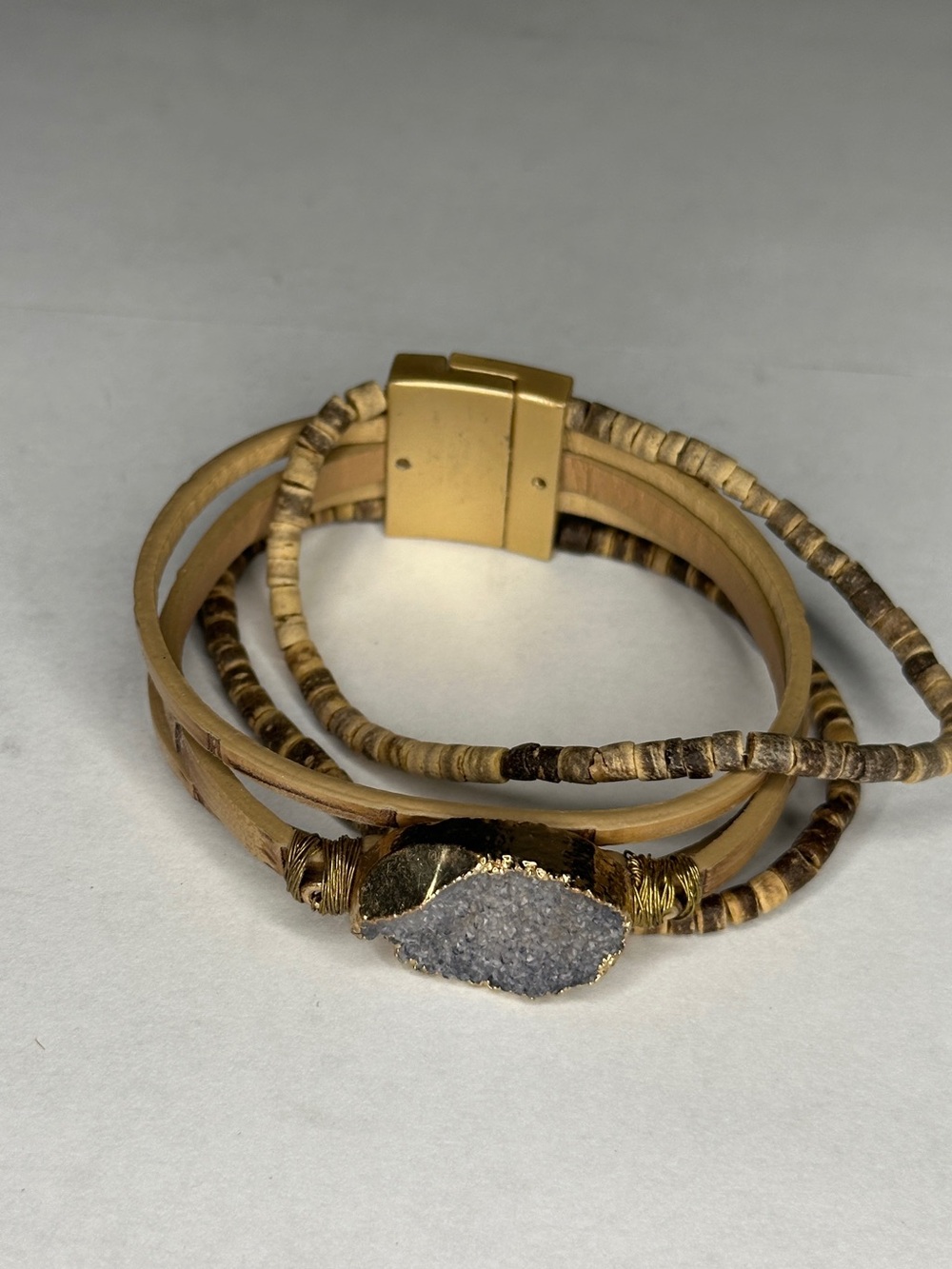 Gold Tone Druzy Multi-Strand Leather Bracelet